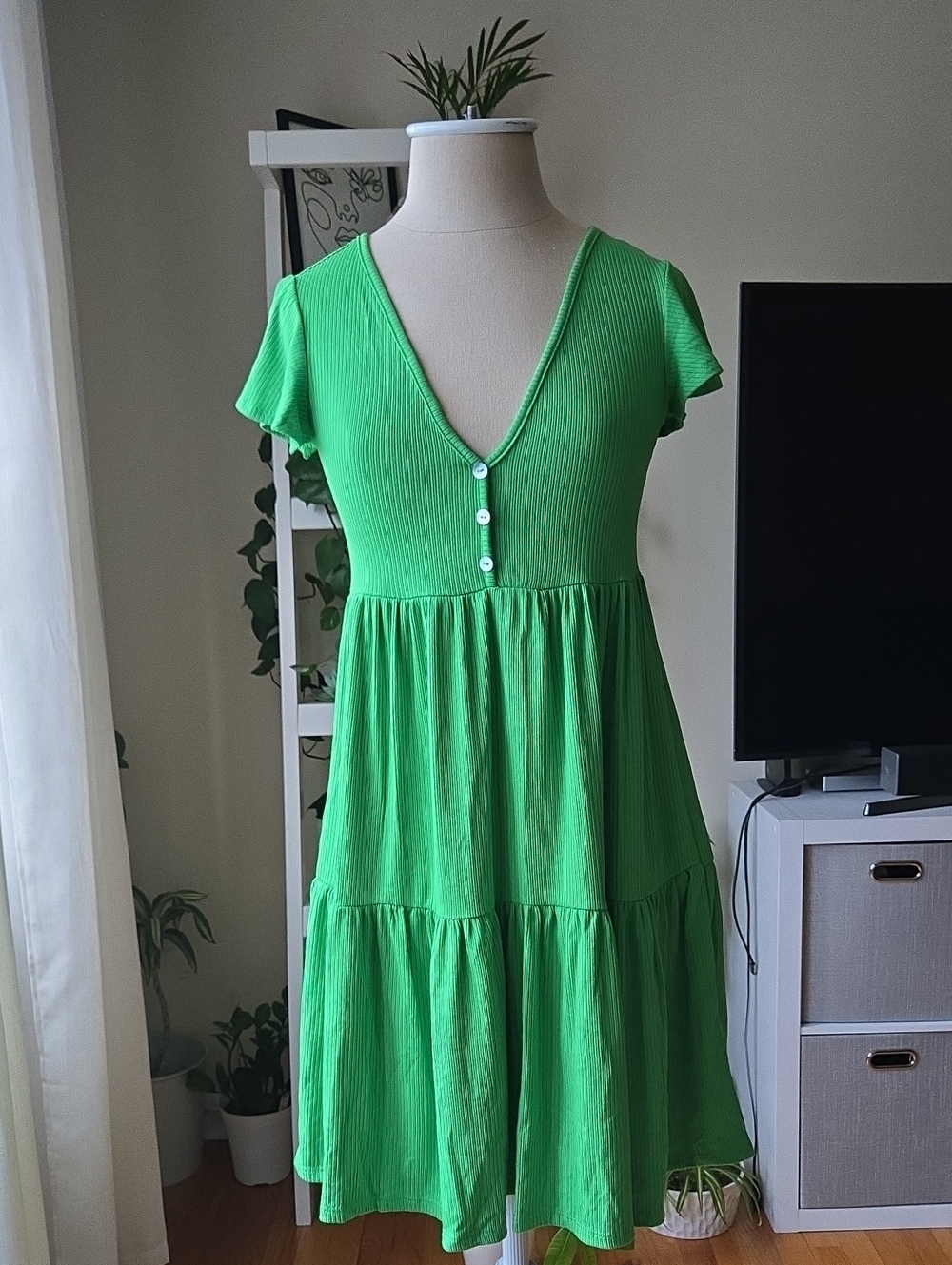 See You Monday Bright Green V-Neck Tiered Dress